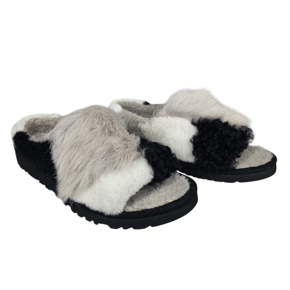 UGG PATCHWORK FLUFF YEAH SLIDE – BLACK/WHITE/GRAY – WOMEN’S 9 – COZY SLIPPERS